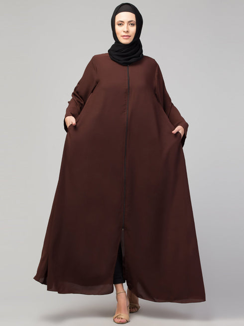 Women Basic Abaya with Long Sleeves and Front Zipper In the Shade of Brown